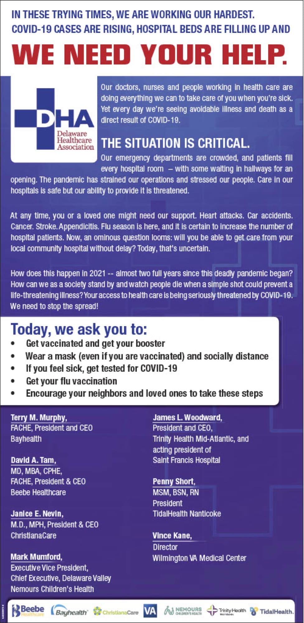 DE Hospital Leaders: “We Need Your Help”